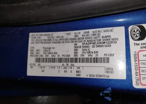 2019 Ford Fiesta Se z USA, uszkodzony, nr VIN 3FADP4EJ2KM122032